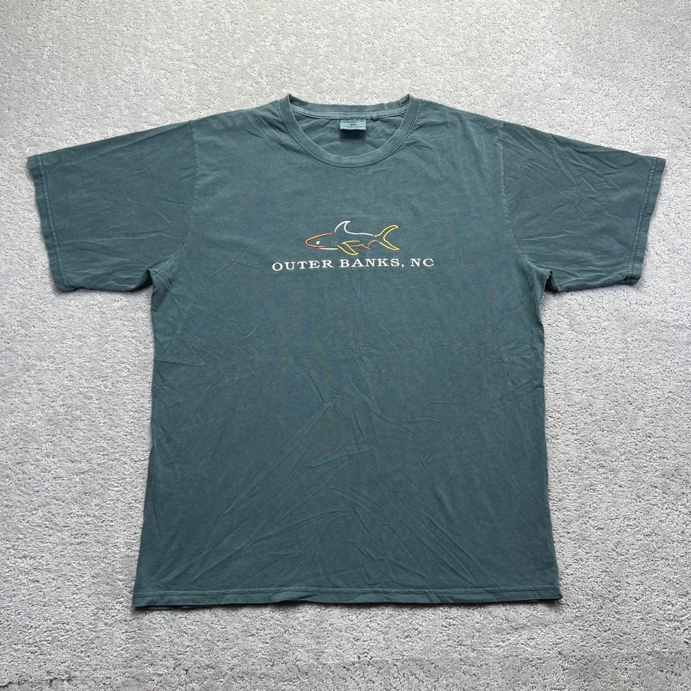 US Vintage Outer Banks T-Shirt Mens 2XL Blue Green NC Shark Embroidered Coastal